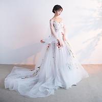 Formal Evening Dress Ball Gown Spaghetti Straps Chapel Train Tulle with Appliques