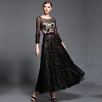 Formal Evening Dress Ball Gown Scoop Ankle-length Tulle / Charmeuse / Sequined with Beading / Flower(s) / Sash / Ribbon