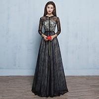 Formal Evening Dress - Vintage Inspired See Through A-line Jewel Floor-length Lace with Bow(s) Buttons