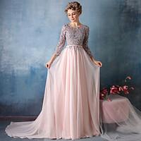 Formal Evening Dress - Elegant Trumpet / Mermaid V-neck Chapel Train Lace Satin Chiffon with Lace Sash / Ribbon Sequins