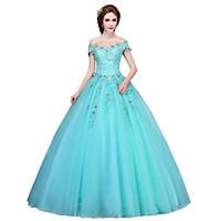 Formal Evening Dress Ball Gown Off-the-shoulder Floor-length Tulle with Appliques / Crystal Detailing