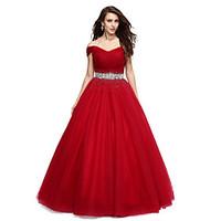 Formal Evening Dress Ball Gown Off-the-shoulder Floor-length Tulle with Beading / Crystal Detailing / Sequins
