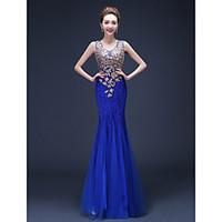 Formal Evening Military Ball Dress - Lace-up See Through Color Block Trumpet / Mermaid Straps Floor-length Lace Tulle with