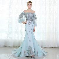 Formal Evening Dress Trumpet / Mermaid Off-the-shoulder Sweep / Brush Train Tulle with Lace