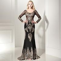 Formal Evening Dress Trumpet / Mermaid V-neck Sweep / Brush Train Jersey with Appliques / Lace