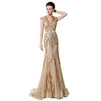 Formal Evening Dress - Sparkle Shine Trumpet / Mermaid V-neck Floor-length Tulle with Beading