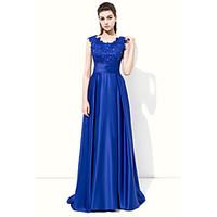 Formal Evening Dress - Elegant A-line Jewel Floor-length Stretch Satin with Appliques Beading