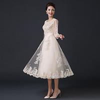 Formal Evening Dress A-line Jewel Tea-length Satin / Tulle with Ruffles