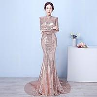 Formal Evening Dress - Sparkle Shine Sexy Open Back Trumpet / Mermaid High Neck Court Train Sequined with Sequins