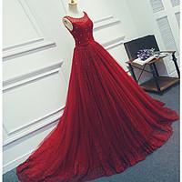 Formal Evening Dress Ball Gown Scoop Court Train Tulle with Beading / Sash / Ribbon