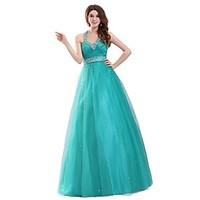 Formal Evening Dress - Lace-up A-line Halter Floor-length Tulle with Beading Sash / Ribbon