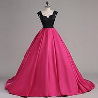 Formal Evening Dress - Color Block A-line Notched Court Train Satin with Buttons