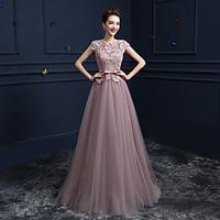 Formal Evening Dress Ball Gown Jewel Floor-length Lace / Satin / Tulle with Beading / Bow(s) / Lace