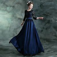 Formal Evening Dress A-line Jewel Floor-length Chiffon / Satin with Appliques / Crystal Detailing / Draping