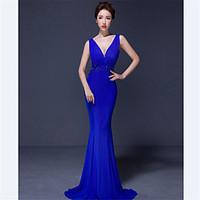 Formal Evening Dress - Open Back Trumpet / Mermaid V-neck Sweep / Brush Train Jersey with Beading