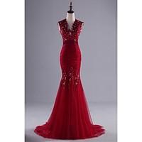 Formal Evening Dress - Beautiful Back Trumpet / Mermaid V-neck Sweep / Brush Train Lace Tulle with Appliques Beading Lace Sequins