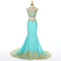 Formal Evening Dress - Two Pieces Trumpet / Mermaid Scoop Sweep / Brush Train Satin with Appliques