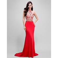 Formal Evening Dress - Sparkle Shine Trumpet / Mermaid Halter Sweep / Brush Train Jersey with Beading