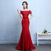 Formal Evening Dress A-line Bateau Floor-length Tulle with Sash / Ribbon