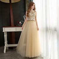 Formal Evening Dress A-line Bateau Floor-length Tulle with Appliques / Beading / Sash / Ribbon