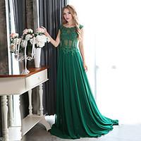 Formal Evening Dress A-line Scoop Court Train Chiffon with Appliques / Beading