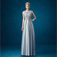 Formal Evening Dress Sheath / Column Jewel Floor-length Lace / Satin with Bow(s)