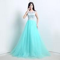 formal evening dress a line bateau sweep brush train tulle with