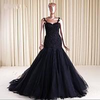 Formal Evening Dress - See Through Fit Flare Spaghetti Straps Court Train Lace Tulle with Appliques Beading