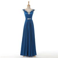 Formal Evening Dress A-line V-neck Floor-length Satin with Beading