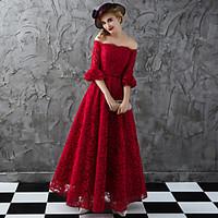 Formal Evening Dress A-line Bateau Floor-length Lace Satin with Lace Sash / Ribbon Bandage