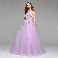 Formal Evening Dress - Elegant A-line Strapless Floor-length Organza Tulle with Beading Flower(s) Pleats