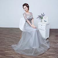 Formal Evening Dress A-line Jewel Floor-length Tulle with Lace