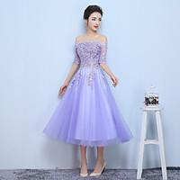 Formal Evening Dress A-line Bateau Tea-length Tulle with Ruffles