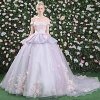 Formal Evening Dress - Open Back Floral Elegant Beautiful Back Lace-up Ball Gown Bateau Chapel Train Lace Satin Tulle withAppliques