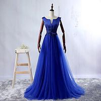 formal evening dress ball gown v neck floor length lace satin tulle wi ...