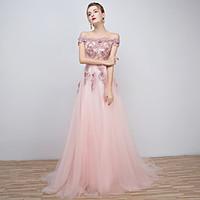 Formal Evening Dress - Floral A-line Off-the-shoulder Floor-length Tulle with Beading