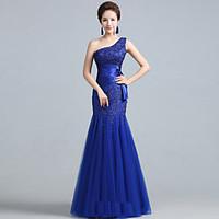 Formal Evening / Military Ball Dress - Lace-up / Elegant Fit Flare One Shoulder Floor-length Lace / Tulle with Lace