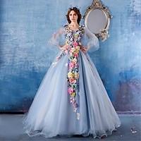 Formal Evening Dress Ball Gown V-neck Chapel Train Satin / Tulle with Flower(s)