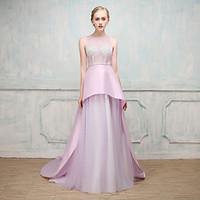 Formal Evening Dress - Open Back Sexy Lace-up Ball Gown Jewel Sweep / Brush Train Stick-Satin Tulle with