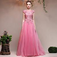 formal evening dress a line jewel sweep brush train lace tulle sequine ...