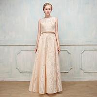 Formal Evening Dress - Two Pieces Open Back Elegant Sheath / Column Jewel Floor-length Cotton Blend Cotton Blends with