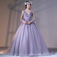 Formal Evening Dress - Vintage Inspired Ball Gown V-neck Court Train Lace Tulle Stretch Satin withAppliques Beading Flower(s) Lace Pearl