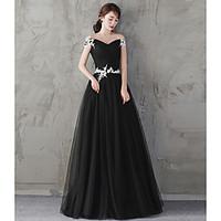 Formal Evening Dress A-line Off-the-shoulder Floor-length Tulle with Lace Sash / Ribbon