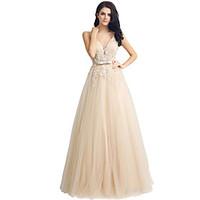 Formal Evening Dress Sheath / Column V-neck Floor-length Lace Tulle with Beading Lace