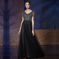 Formal Evening Dress - Sparkle Shine A-line V-neck Floor-length Tulle Sequined with Embroidery Sequins