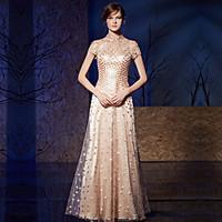 Formal Evening Dress A-line High Neck Floor-length Organza / Charmeuse with Embroidery / Sequins