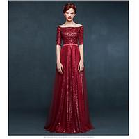 Formal Evening Dress A-line Bateau Floor-length Tulle / Sequined with Sequins