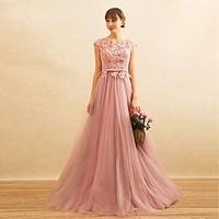 Formal Evening Dress A-line Jewel Sweep / Brush Train Lace / Tulle with Beading