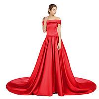Formal Evening Dress - Lace-up A-line Off-the-shoulder Court Train Satin with Draping Pockets Sash / Ribbon