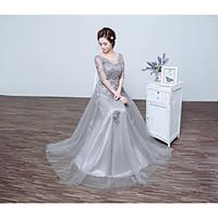 formal evening dress elegant a line jewel floor length tulle with lace